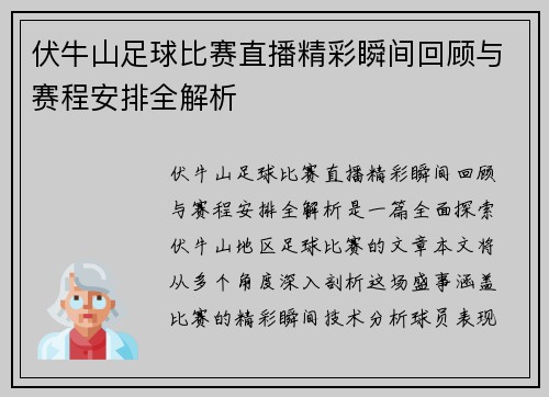 伏牛山足球比赛直播精彩瞬间回顾与赛程安排全解析